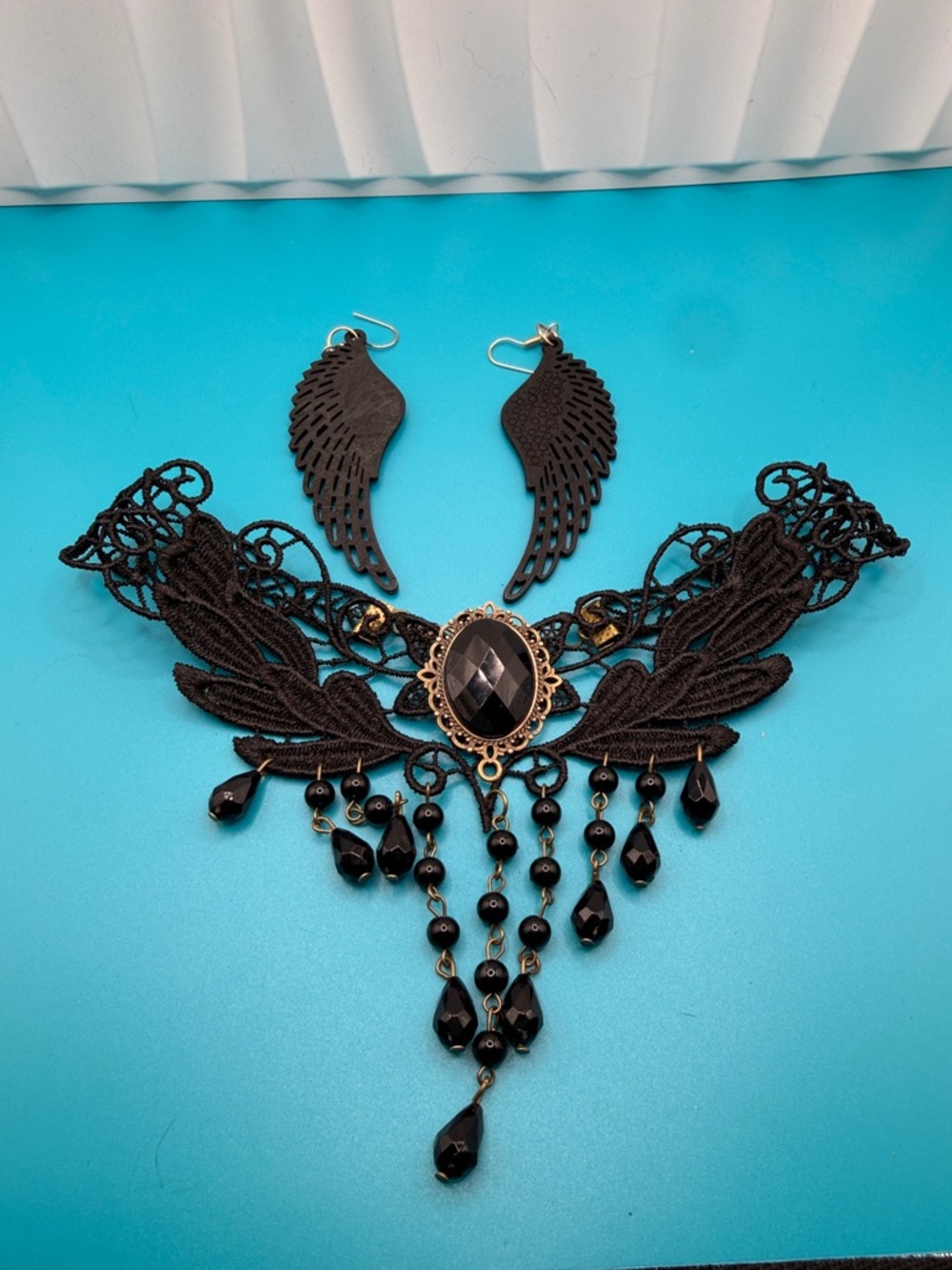 Black Gothic Lace Choker Necklace with Faceted Gem and Dangle Beads